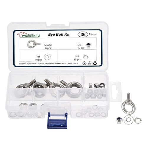 METALLIXITY Shoulder Eye Bolt with Spring Washers & Flat Washers & Lock Nuts (M5x12mm) 3Set, 304 Stainless Steel Machinery Lifting Ring Threaded Eye Bolt - for Load Hoisting, Silver in Kuwait