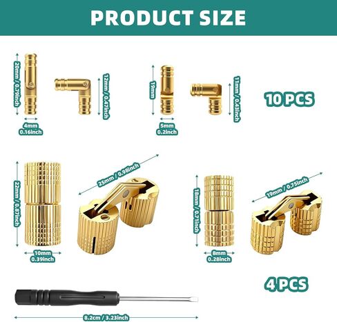 28 Pcs Hidden Brass Barrel Hinges, 8mm 10mm 5x19mm 20x4mm Concealed Barrel Hinges, 180 Degree and 135 Degree Opening Angle for Jewelry Box Wooden Cabinet DIY Craft with Screws and Screwdriver in Saudi Arabia