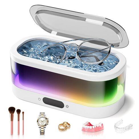Ultrasonic Jewelry Cleaner with RGB Ambient Light, 48KHz Ultrasonic Cleaner for Jewelry, Glasses, Retainers, Dentures, Rings & Watches, 350ML SUS304 Stainless Steel Cleaning Machine, White in Kuwait