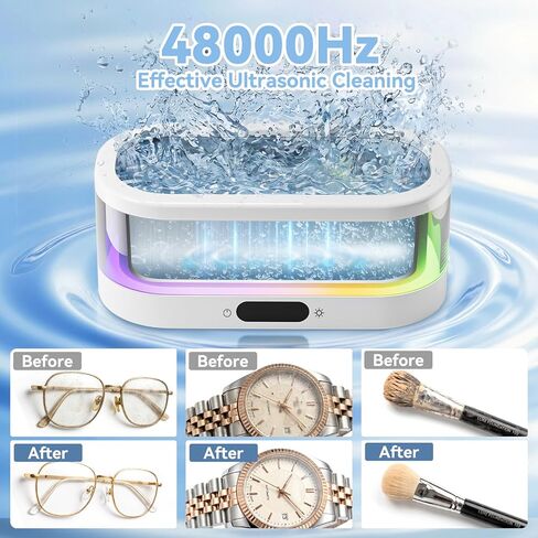Ultrasonic Jewelry Cleaner with RGB Ambient Light, 48KHz Ultrasonic Cleaner for Jewelry, Glasses, Retainers, Dentures, Rings & Watches, 350ML SUS304 Stainless Steel Cleaning Machine, White in Kuwait