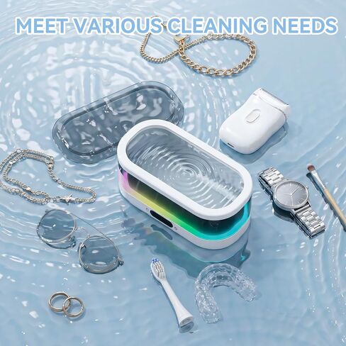 Ultrasonic Jewelry Cleaner with RGB Ambient Light, 48KHz Ultrasonic Cleaner for Jewelry, Glasses, Retainers, Dentures, Rings & Watches, 350ML SUS304 Stainless Steel Cleaning Machine, White in Kuwait