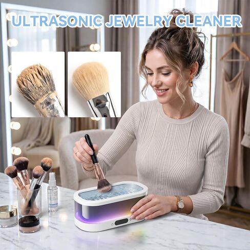 Ultrasonic Jewelry Cleaner with RGB Ambient Light, 48KHz Ultrasonic Cleaner for Jewelry, Glasses, Retainers, Dentures, Rings & Watches, 350ML SUS304 Stainless Steel Cleaning Machine, White in Kuwait
