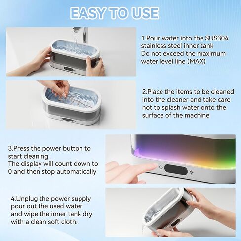 Ultrasonic Jewelry Cleaner with RGB Ambient Light, 48KHz Ultrasonic Cleaner for Jewelry, Glasses, Retainers, Dentures, Rings & Watches, 350ML SUS304 Stainless Steel Cleaning Machine, White in Kuwait