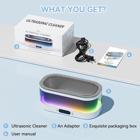 Ultrasonic Jewelry Cleaner with RGB Ambient Light, 48KHz Ultrasonic Cleaner for Jewelry, Glasses, Retainers, Dentures, Rings & Watches, 350ML SUS304 Stainless Steel Cleaning Machine, White in Kuwait