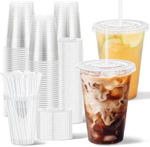 Clawsoff 100 Pack 16 oz Plastic Cups with Lids and Straws, Disposable Clear Coffee Cups with Lids, Sturdy To Go Cups for Iced Coffee, Smoothies, Milkshake, Cold Drinks in Kuwait