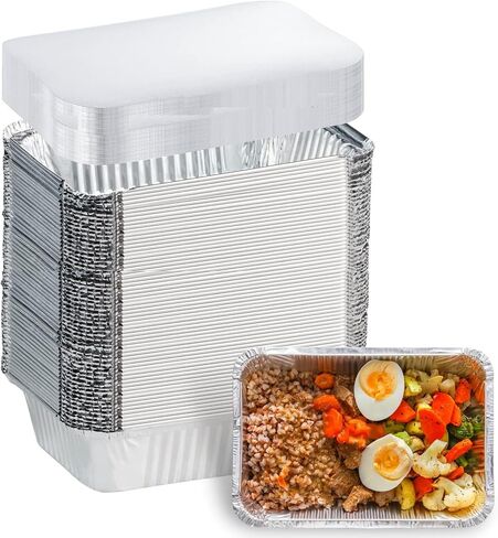 Aluminum Pans with Lids (50-Pack, 8.5"×6") 2.25 LB Capacity Foil Food Containers with Lids - 50 Pans and 50 Cardboard Covers - Disposable Tin Foil Pans - for Baking, Meal Prep and Freezer, Takeout in Kuwait