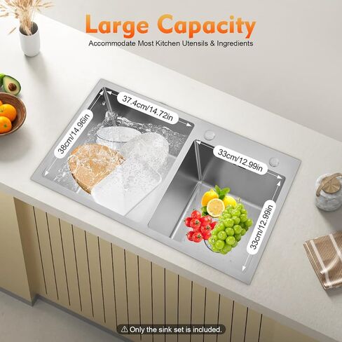 Stainless Steel Undermount Kitchen Sink, 30.7"L x 16.9"W x 8.3"H Double Bowls Drop In Kitchen Sink with Drain Basket for Homes, Restaurants in Kuwait