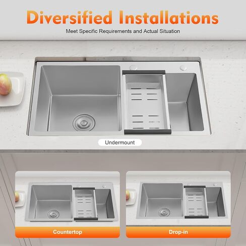 Stainless Steel Undermount Kitchen Sink, 30.7"L x 16.9"W x 8.3"H Double Bowls Drop In Kitchen Sink with Drain Basket for Homes, Restaurants in Kuwait