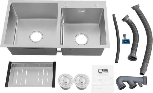 Stainless Steel Undermount Kitchen Sink, 30.7"L x 16.9"W x 8.3"H Double Bowls Drop In Kitchen Sink with Drain Basket for Homes, Restaurants in Kuwait