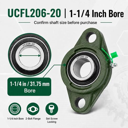 2-حزمة UCFL206-20 وحدات محمل شفة ذات مسمارين، محامل شفة مثبتة على تجويف 1-1/4 بوصة مع مبيت من الحديد الزهر ومجموعة قفل لولبي لدعم عمود الماكينات in Kuwait