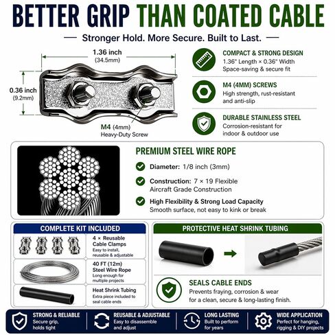 1/8" (3mm) 304 Stainless Steel Wire Rope Kit with Reusable Cable Clamps, 7x19 Flexible Aircraft Cable for DIY Hanging & Outdoor Use (20 FT, 1/8" Wire Rope Kit) in Kuwait