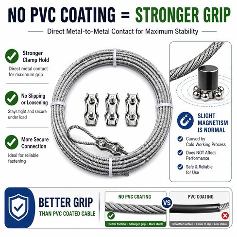 1/8" (3mm) 304 Stainless Steel Wire Rope Kit with Reusable Cable Clamps, 7x19 Flexible Aircraft Cable for DIY Hanging & Outdoor Use (20 FT, 1/8" Wire Rope Kit) in Kuwait