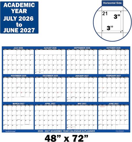 36 "× 54" Swiftglimpse 2025-2026 تقويم الجدران الأكاديمية محوًا كبيرًا مبللًا مبللًا ومحفزًا مُحوِّنًا مدته 12 شهرًا ، أفقي ، يوليو 2025 إلى يونيو 2026 فقط - البحرية in Kuwait