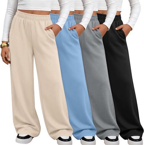 4 Pack Girl's Wide Leg Sweatpants Elastic Waist Athletic Long Joggers with Pockets Causal Baggy Kids Sports Pants in Saudi Arabia