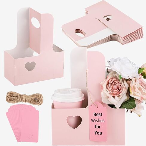 2 Cup Drink Carrier with Handle, 12 Pcs Disposable Drink Carrier Cardboard Coffee Carrier with Ribbon and Card Insert Foldable Cup Holder for Cafe Takeout Service （Pink） in Kuwait