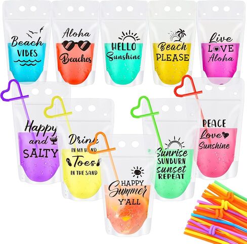Chengu 30 Sets Summer Drink Pouches with Straws for Adult Beach Translucent Party Beverage Bags Stand up Juice Pouches Plastic Drink Container with Zipper Juice Freezer Bags for Party Favor in Kuwait