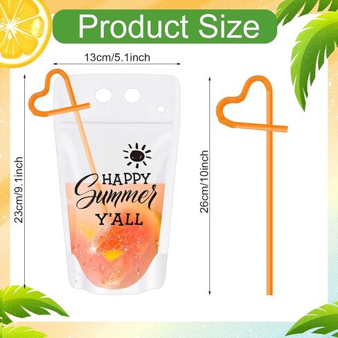 Chengu 30 Sets Summer Drink Pouches with Straws for Adult Beach Translucent Party Beverage Bags Stand up Juice Pouches Plastic Drink Container with Zipper Juice Freezer Bags for Party Favor in Kuwait