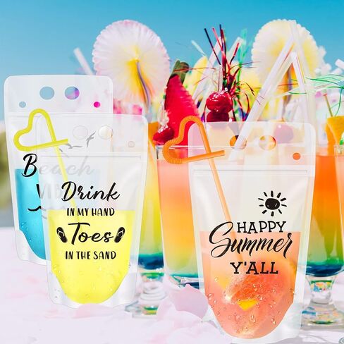 Chengu 30 Sets Summer Drink Pouches with Straws for Adult Beach Translucent Party Beverage Bags Stand up Juice Pouches Plastic Drink Container with Zipper Juice Freezer Bags for Party Favor in Kuwait