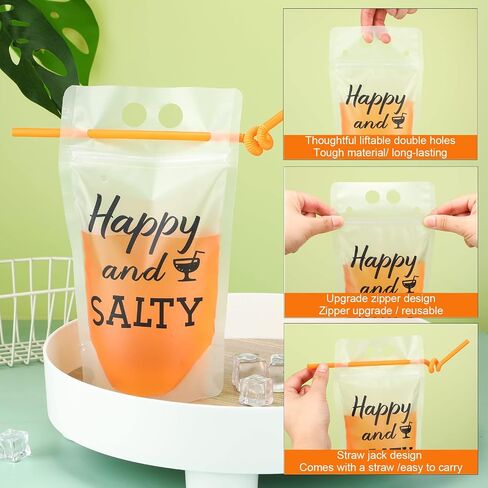 Chengu 30 Sets Summer Drink Pouches with Straws for Adult Beach Translucent Party Beverage Bags Stand up Juice Pouches Plastic Drink Container with Zipper Juice Freezer Bags for Party Favor in Kuwait