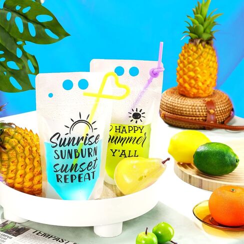 Chengu 30 Sets Summer Drink Pouches with Straws for Adult Beach Translucent Party Beverage Bags Stand up Juice Pouches Plastic Drink Container with Zipper Juice Freezer Bags for Party Favor in Kuwait