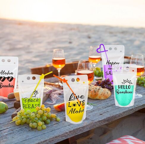 Chengu 30 Sets Summer Drink Pouches with Straws for Adult Beach Translucent Party Beverage Bags Stand up Juice Pouches Plastic Drink Container with Zipper Juice Freezer Bags for Party Favor in Kuwait