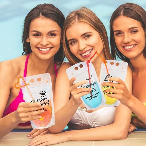 Chengu 30 Sets Summer Drink Pouches with Straws for Adult Beach Translucent Party Beverage Bags Stand up Juice Pouches Plastic Drink Container with Zipper Juice Freezer Bags for Party Favor in Kuwait