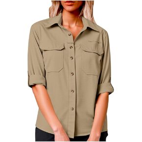 Womens Sun Protection Safari Shirts Rolled Long Sleeve Button Down Sun Shirt with Pockets UPF 50+ Quick Dry in Saudi Arabia