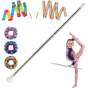 عصا التدوير للأطفال، 21.5 بوصة من الفولاذ المقاوم للصدأ مع شريطين راقصين و3 ربطات شعر بألوان قوس قزح مناسبة للمبتدئين باللون الأبيض in Kuwait