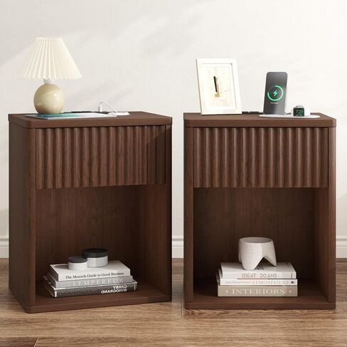 Fluted Nightstands Set of 2 w/Charging Station, Wooden End Table Bed Side Table with Curved Drawer, Mid Century Modern Fluted Night Stand with Rounded Edge for Bedroom, Living Room Sofa, Walnut in Kuwait