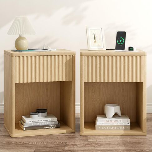 Fluted Nightstands Set of 2 w/Charging Station, Wooden End Table Bed Side Table with Curved Drawer, Mid Century Modern Fluted Night Stand with Rounded Edge for Bedroom, Living Room Sofa, Walnut in Kuwait