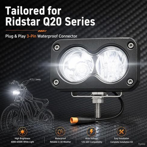 مصباح أمامي للدراجة الإلكترونية لـ Baja Light لـ Ridstar Q20/Q20 Lite/Q20 Pro | شعاع عالي أبيض 20 وات يناسب ضوء باجا للدراجة الإلكترونية، 3 دبابيس توصيل وتشغيل مقاوم للماء، 12 فولت - 60 فولت، للدراجة الكهربائية والدراجات النارية والمركبات ATV in Kuwait