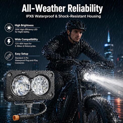 مصباح أمامي للدراجة الإلكترونية لـ Baja Light لـ Ridstar Q20/Q20 Lite/Q20 Pro | شعاع عالي أبيض 20 وات يناسب ضوء باجا للدراجة الإلكترونية، 3 دبابيس توصيل وتشغيل مقاوم للماء، 12 فولت - 60 فولت، للدراجة الكهربائية والدراجات النارية والمركبات ATV in Kuwait