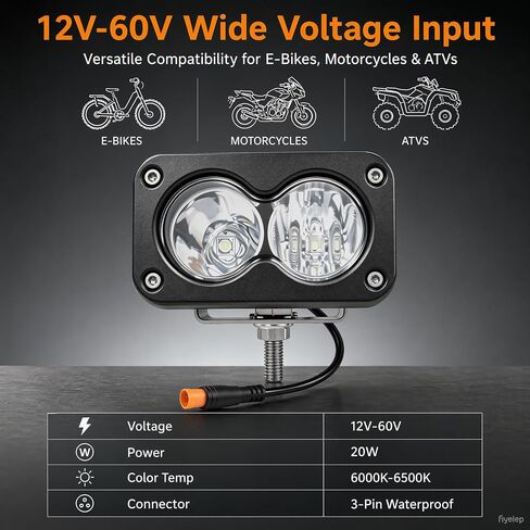 مصباح أمامي للدراجة الإلكترونية لـ Baja Light لـ Ridstar Q20/Q20 Lite/Q20 Pro | شعاع عالي أبيض 20 وات يناسب ضوء باجا للدراجة الإلكترونية، 3 دبابيس توصيل وتشغيل مقاوم للماء، 12 فولت - 60 فولت، للدراجة الكهربائية والدراجات النارية والمركبات ATV in Kuwait