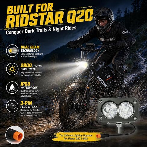 مصباح أمامي للدراجة الإلكترونية لـ Baja Light لـ Ridstar Q20/Q20 Lite/Q20 Pro | شعاع عالي أبيض 20 وات يناسب ضوء باجا للدراجة الإلكترونية، 3 دبابيس توصيل وتشغيل مقاوم للماء، 12 فولت - 60 فولت، للدراجة الكهربائية والدراجات النارية والمركبات ATV in Kuwait
