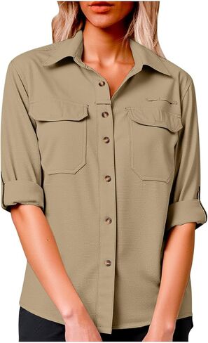 Womens Sun Protection Safari Shirts Rolled Long Sleeve Button Down Sun Shirt with Pockets UPF 50+ Quick Dry in Kuwait