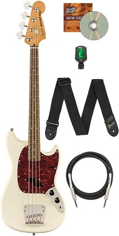 Fender Squier Classic Vibe '60s Mustang Bass - حزمة بيضاء أوليمبية مع كابل أداة وموالف وحزام وأقراص DVD التعليمية لأوستن بازار in Kuwait