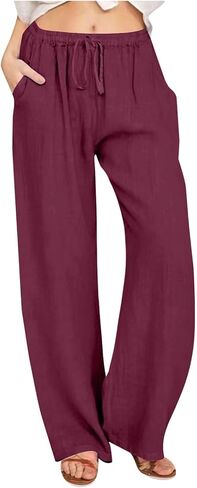Women's Cotton Linen Pants Summer Drawstring High Waisted Palazzo Pants Casual Wide Leg Yoga Pants with Pockets in Kuwait