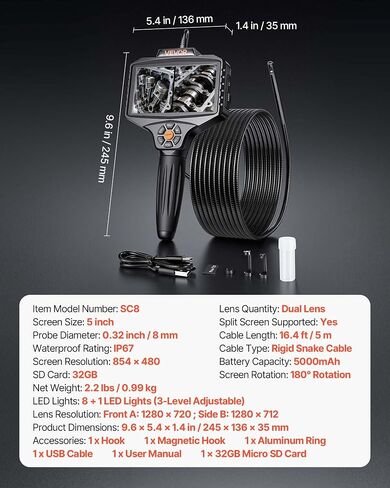 VEVOR 360° Borescope with Innovative 360° Motorized Rotation Probe, 5" 16.4FT Endoscope Inspection Camera, 1080P HD Rigid Snake Scope Cam for Wall Automotive Engine Inspect in Kuwait