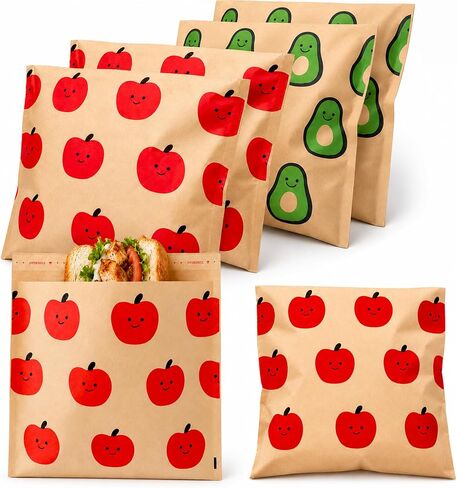 200 Pack Paper Sandwich Bags Sealable, Leak-Proof & Greaseproof Paper Snack Bags with Cute Fruit Pattern, 7.9×7.9 inch Brown Paper Lunch Bags for Sandwich, Burger, Hot Dog, Cookie, Bakery and More in Kuwait
