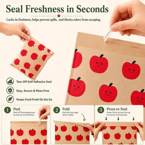 200 Pack Paper Sandwich Bags Sealable, Leak-Proof & Greaseproof Paper Snack Bags with Cute Fruit Pattern, 7.9×7.9 inch Brown Paper Lunch Bags for Sandwich, Burger, Hot Dog, Cookie, Bakery and More in Kuwait