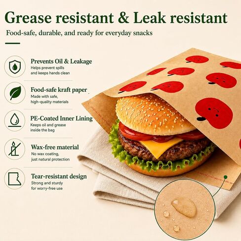 200 Pack Paper Sandwich Bags Sealable, Leak-Proof & Greaseproof Paper Snack Bags with Cute Fruit Pattern, 7.9×7.9 inch Brown Paper Lunch Bags for Sandwich, Burger, Hot Dog, Cookie, Bakery and More in Kuwait