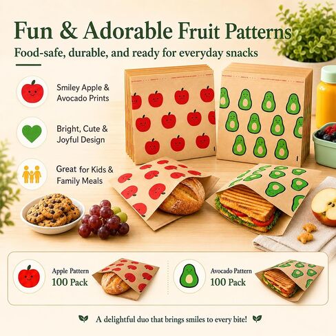 200 Pack Paper Sandwich Bags Sealable, Leak-Proof & Greaseproof Paper Snack Bags with Cute Fruit Pattern, 7.9×7.9 inch Brown Paper Lunch Bags for Sandwich, Burger, Hot Dog, Cookie, Bakery and More in Kuwait