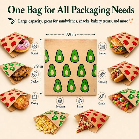 200 Pack Paper Sandwich Bags Sealable, Leak-Proof & Greaseproof Paper Snack Bags with Cute Fruit Pattern, 7.9×7.9 inch Brown Paper Lunch Bags for Sandwich, Burger, Hot Dog, Cookie, Bakery and More in Kuwait