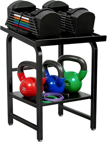 حامل وزن حامل الدمبل عالي التحمل، 500 رطل، منظم تخزين Kettlebell متين بطبقتين، حصيرة مطاطية كاملة مضادة للانزلاق توفر المساحة في صالة الألعاب الرياضية للمرآب المنزلي (الرف فقط، بدون دمبل) in Kuwait
