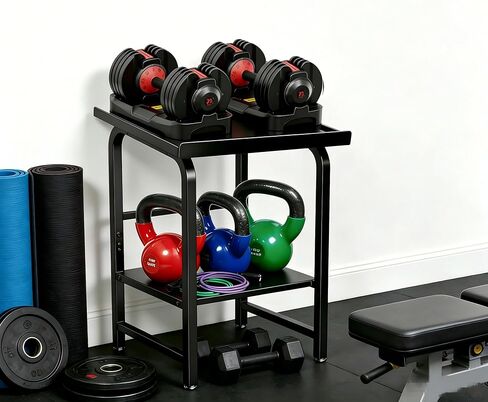 حامل وزن حامل الدمبل عالي التحمل، 500 رطل، منظم تخزين Kettlebell متين بطبقتين، حصيرة مطاطية كاملة مضادة للانزلاق توفر المساحة في صالة الألعاب الرياضية للمرآب المنزلي (الرف فقط، بدون دمبل) in Kuwait