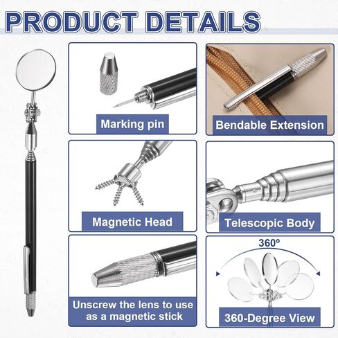 HARFINGTON 2pcs 3 in 1 Telescoping Inspection Mirror 1.2" Round 6.4" to 29.3" 360 Degree Stainless Steel Extendable Mirrors with Magnetic Pickup Tool and Marking Needle for Technicians, Black in Kuwait