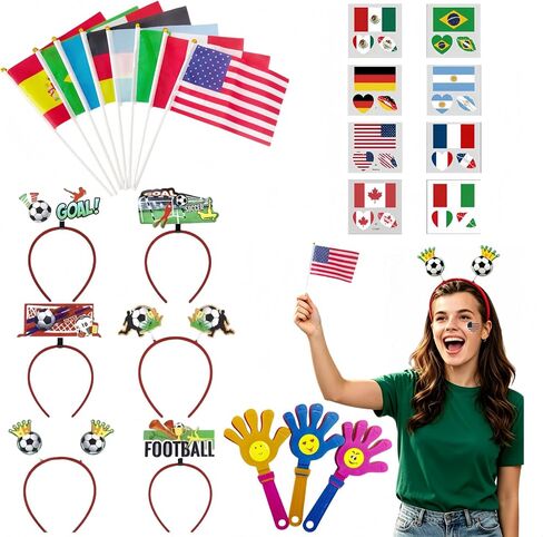 25 Pack World Cup Soccer Fan Gear, USA Soccer Fan Party Kit, 2026 Football Game Day Celebration Kit with 8 Flags, 6 Football Headbands, 3 Clappers,8 Face Stickers in Kuwait