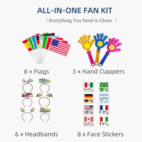25 Pack World Cup Soccer Fan Gear, USA Soccer Fan Party Kit, 2026 Football Game Day Celebration Kit with 8 Flags, 6 Football Headbands, 3 Clappers,8 Face Stickers in Kuwait