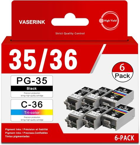 PGI-35/CLI-36 Value Pack Ink Cartridge 6-Pack Compatible Replacement for Canon 35 36 Ink to Work with PIXMA iP100 iP110 TR150 Mini260 Mini320 Printer (4 Black, 2 Color) in Kuwait