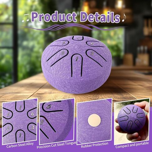 Steel Tongue Drum - 3-inch 6-note Outdoor Rain Drum, with Drumsticks, Sheet Music, Box, and Storage Bag, Mini Percussion Instrument (Purple) in Kuwait